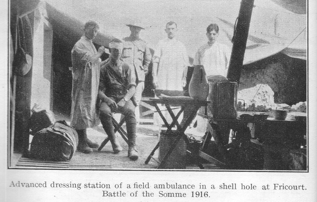 Advanced dressing station of a field ambulance in a shell hole at Fricourt. Battle of the Somme 1916.